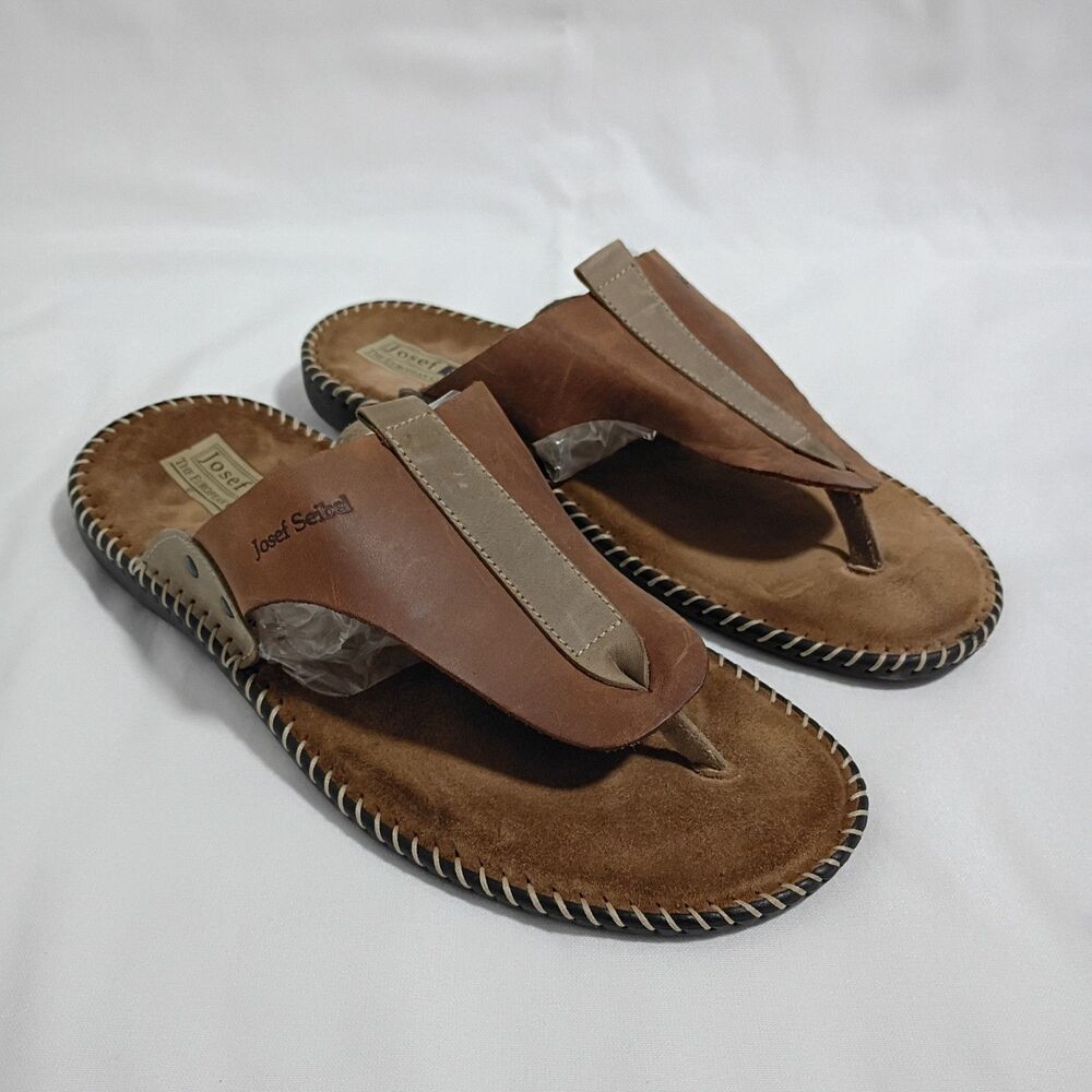 Josef Seibel Sandals Mens 42 Thong Brown Leather Slip On Casual Comfort Shoes